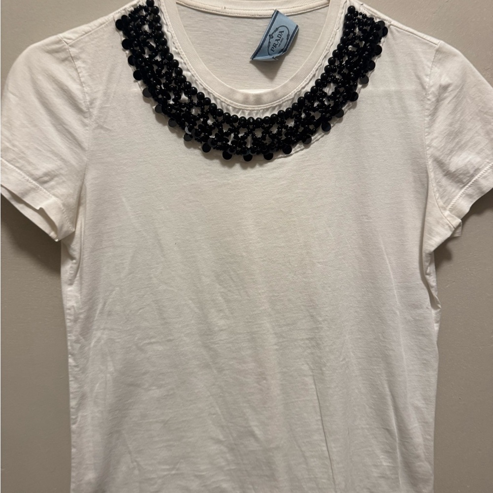 Prada Cream/White Tee with Black Beaded Collar - Picture 4 of 9